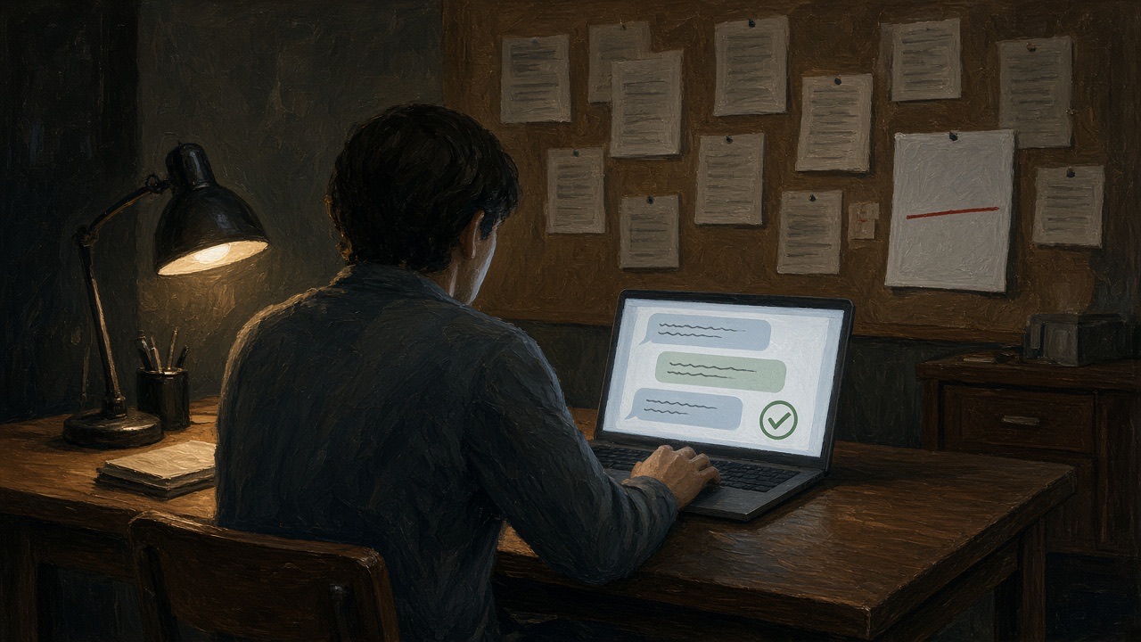 A person faces a bright chat on a laptop while a wall of notices stays dark behind them, one line marked on a page they are not reading.
