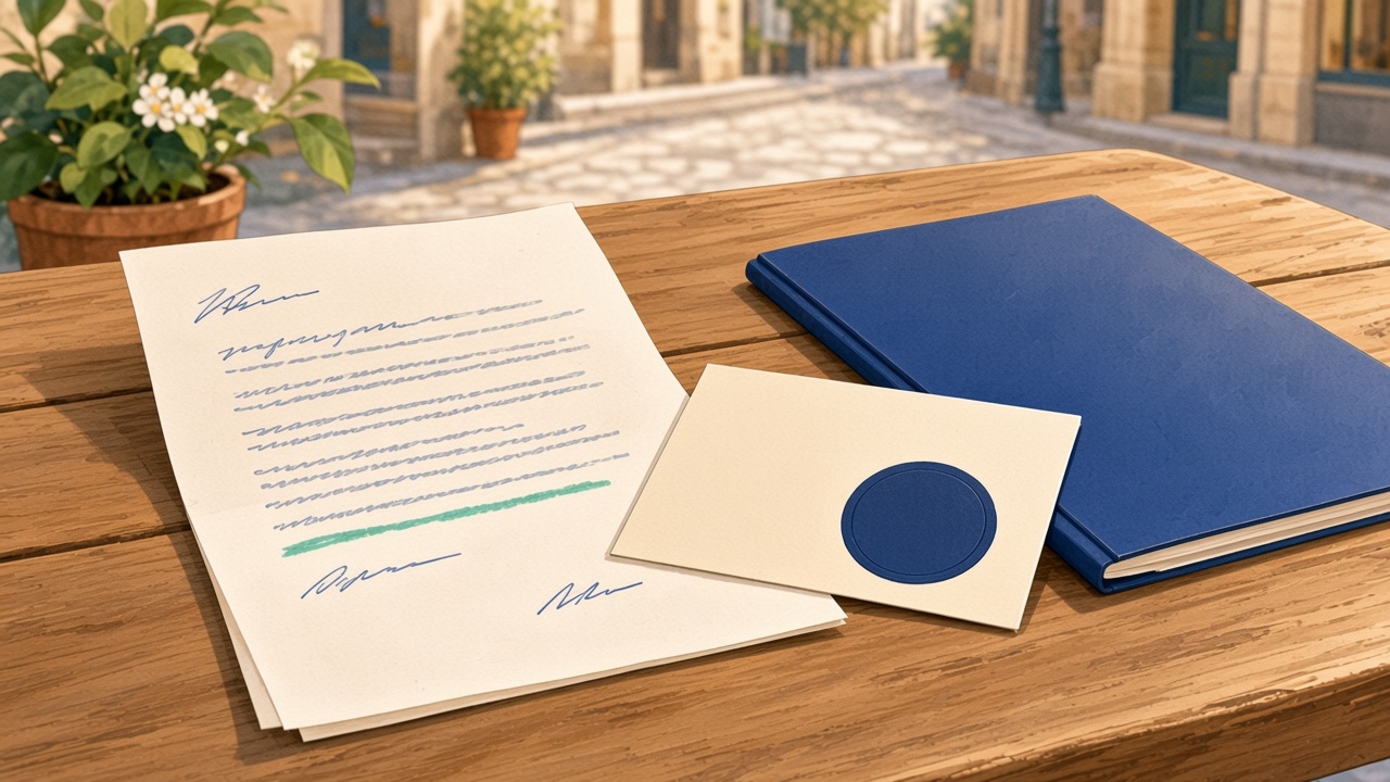 A long notice with one line marked, a certificate and a second folder on a café table.
