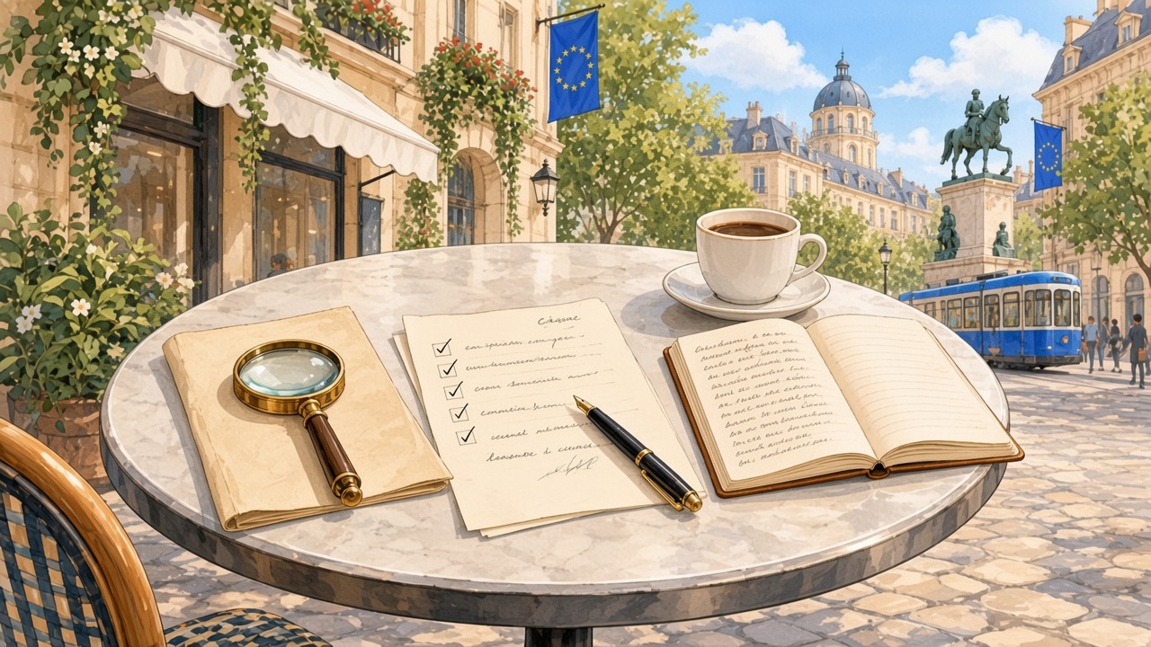 A notice with a magnifying glass, a marked checklist and an open notebook on a café table.