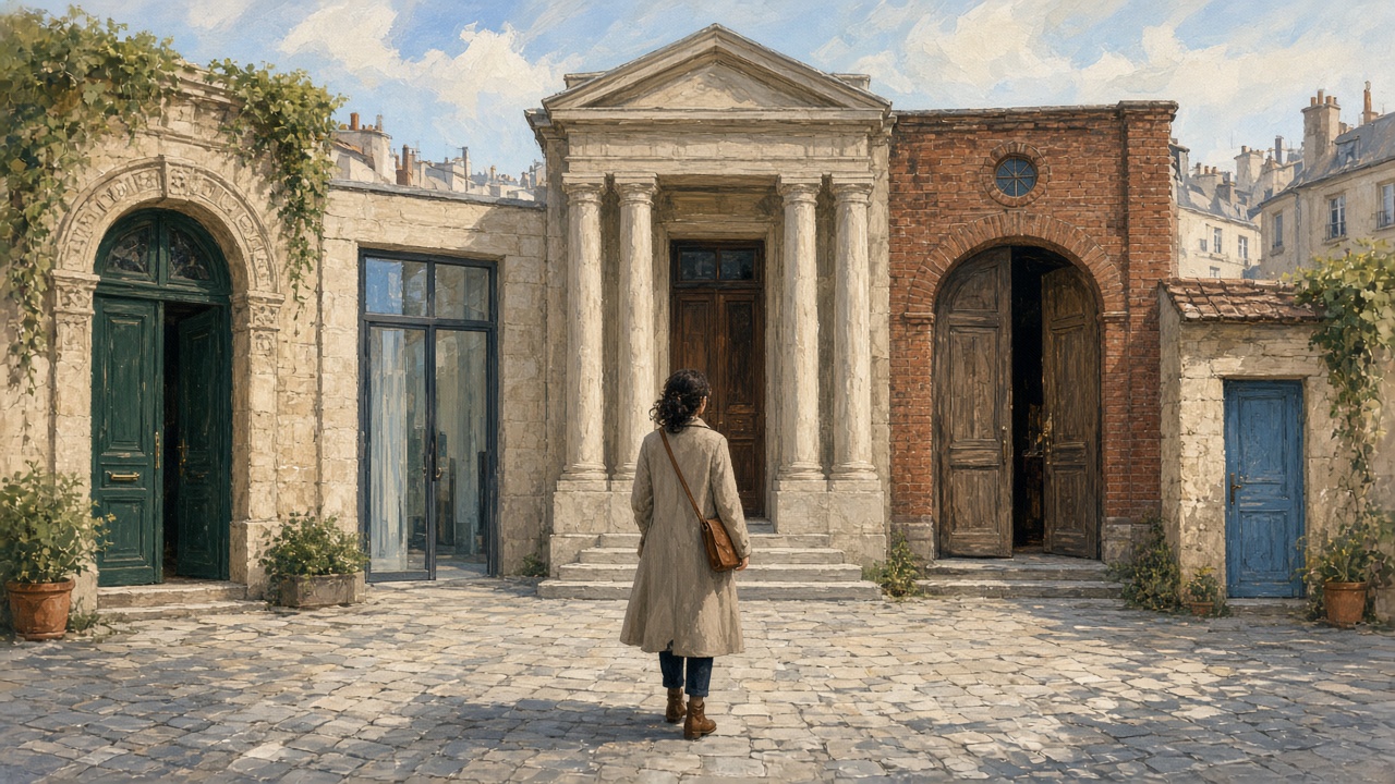 A person with a folder faces five different doorways in a city square.