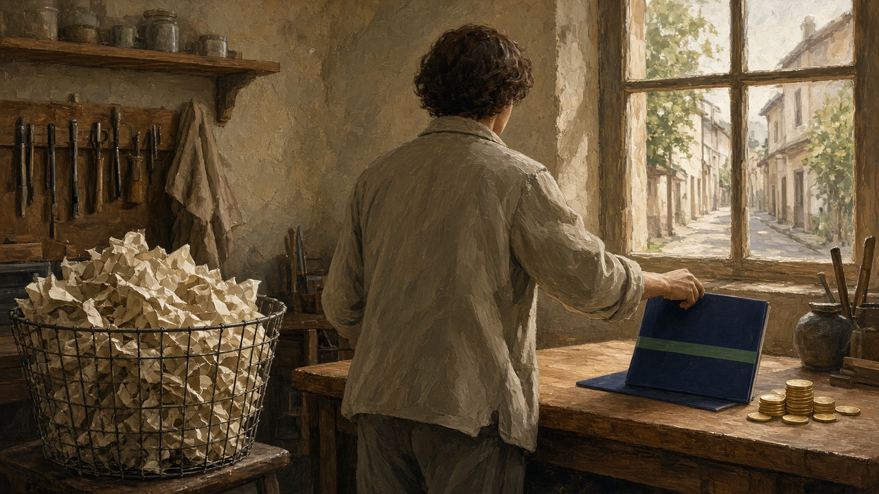 A person in a workshop reaches for one folder and a few coins, leaving a basket of crumpled papers.